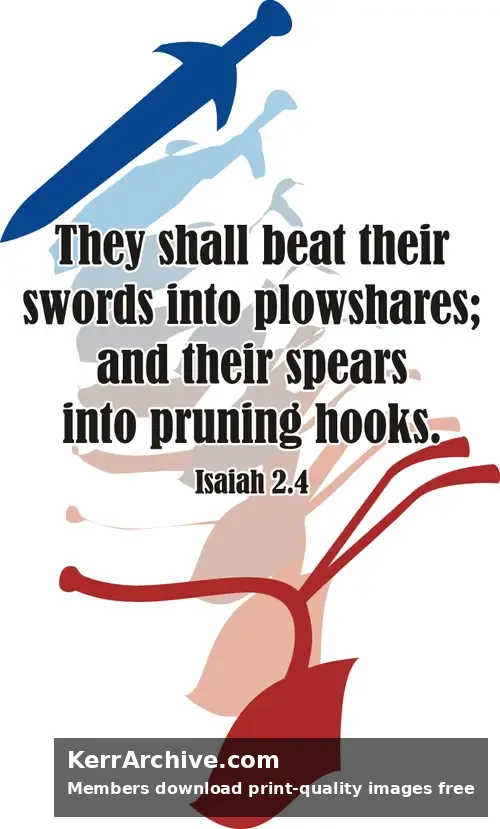 Minimalist silhouettes in blue and red showing a sword transforming into a plowshare with Isaiah 2:4 scripture text.