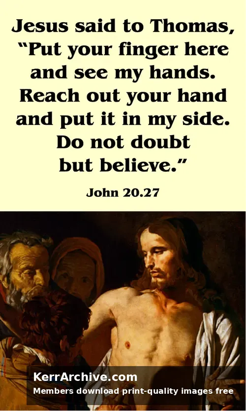 Baroque painting of Thomas touching the wound in Jesus' side, with two apostles watching in dark chiaroscuro.