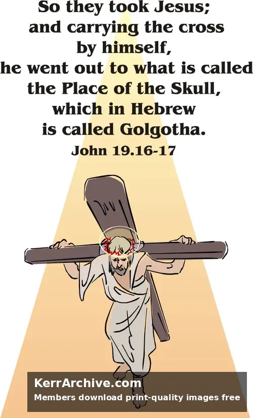 Hand-drawn sketch of Jesus with a halo and crown of thorns carrying a wooden cross, illuminated by a bright light beam.