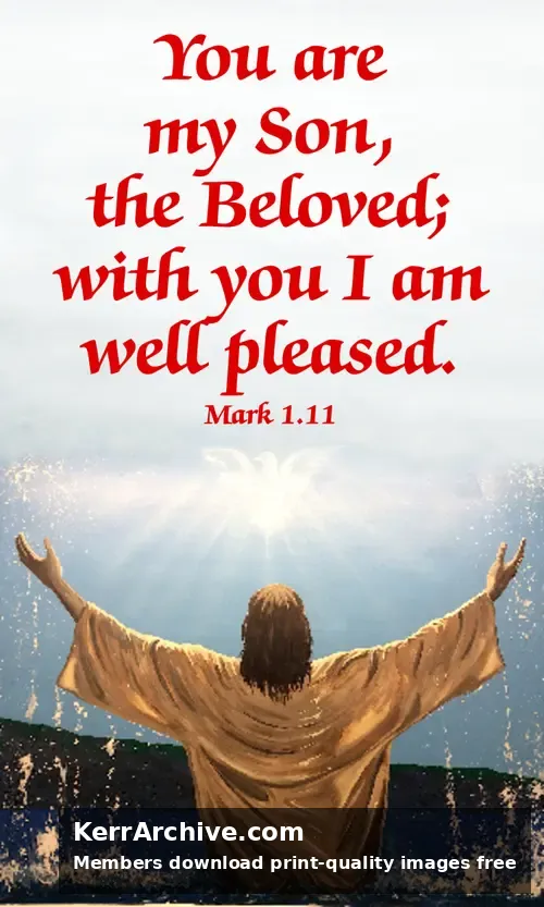 Jesus in a robe stands in splashing water at a shoreline under a white dove and golden light rays from above.