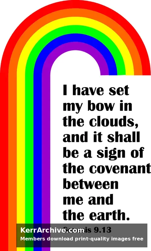 A flat graphic of a colorful rainbow against a dark background with bold white scripture text from Genesis 9:13.
