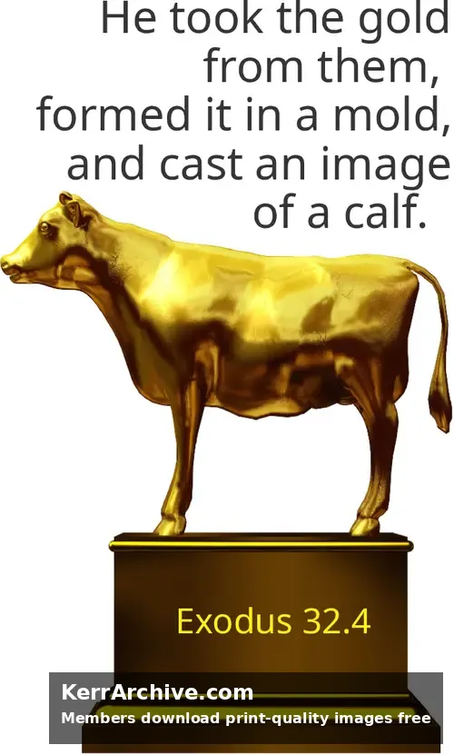 A golden calf statue stands atop a stone pedestal against a dark background with gold, yellow, and brown tones.