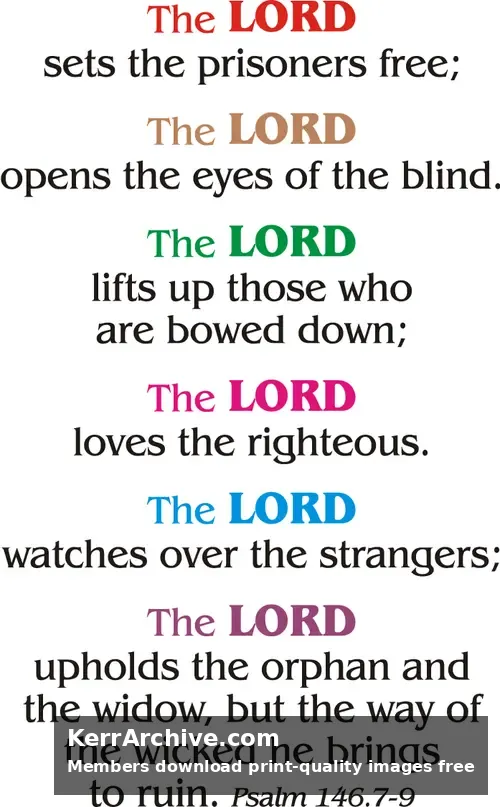 Modern typographic design of Psalm 146 with 'The LORD' in various colors like red, green, and blue on a white background.