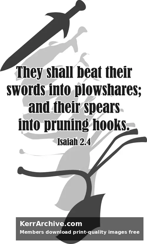 Minimalist silhouettes in blue and red showing a sword transforming into a plowshare with Isaiah 2:4 scripture text. (grayscale)