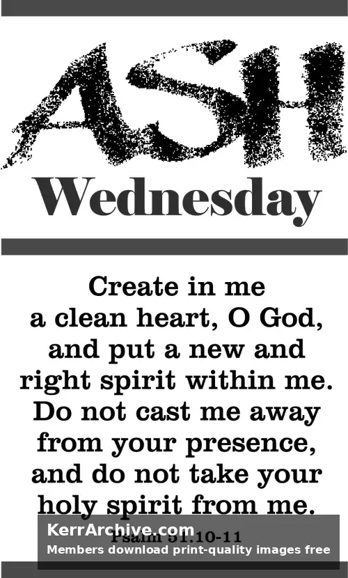 Minimalist typographic art with textured charcoal 'ASH' text, purple bars, and Psalm 51:10-11 in a serif font. (grayscale)
