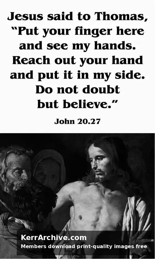 Baroque painting of Thomas touching the wound in Jesus' side, with two apostles watching in dark chiaroscuro. (grayscale)