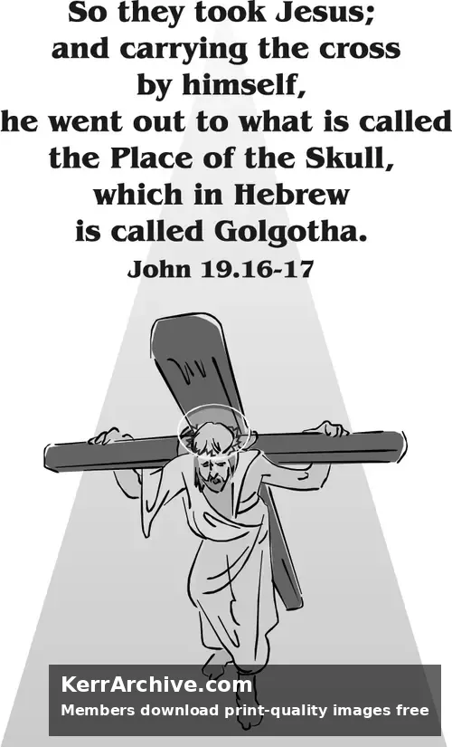 Hand-drawn sketch of Jesus with a halo and crown of thorns carrying a wooden cross, illuminated by a bright light beam. (grayscale)