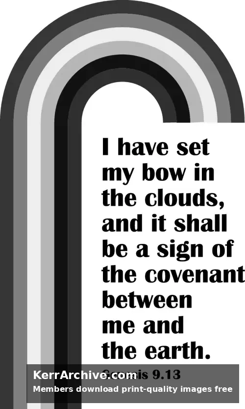 A flat graphic of a colorful rainbow against a dark background with bold white scripture text from Genesis 9:13. (grayscale)