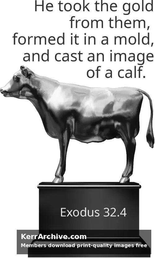 A golden calf statue stands atop a stone pedestal against a dark background with gold, yellow, and brown tones. (grayscale)
