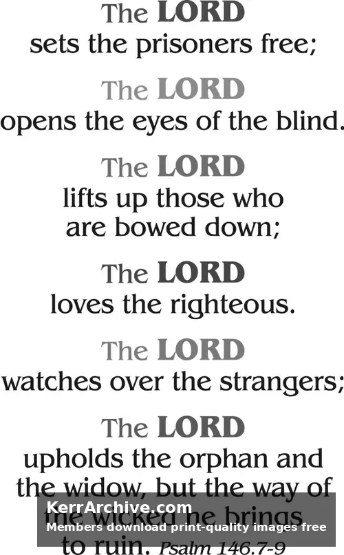 Modern typographic design of Psalm 146 with 'The LORD' in various colors like red, green, and blue on a white background. (grayscale)
