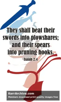 Minimalist silhouettes in blue and red showing a sword transforming into a plowshare with Isaiah 2:4 scripture text.