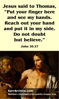 Baroque painting of Thomas touching the wound in Jesus' side, with two apostles watching in dark chiaroscuro.