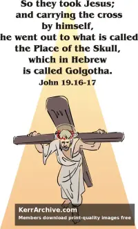Hand-drawn sketch of Jesus with a halo and crown of thorns carrying a wooden cross, illuminated by a bright light beam.