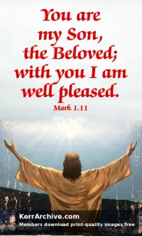 Jesus in a robe stands in splashing water at a shoreline under a white dove and golden light rays from above.