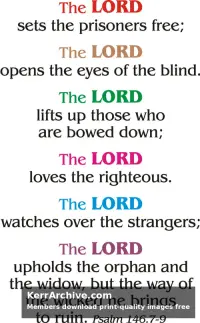 Modern typographic design of Psalm 146 with 'The LORD' in various colors like red, green, and blue on a white background.